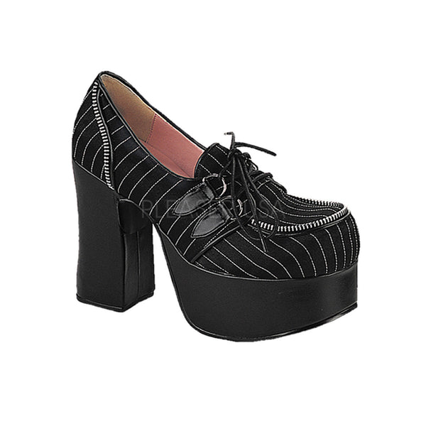 DEMONIA CHARADE-12 Black Satin-Pinstripes Platform - Shoecup.com