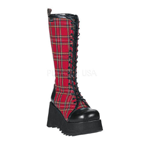 DEMONIA SCENE-100 Red Plaid-Black Pu Vegan Boots - Shoecup.com