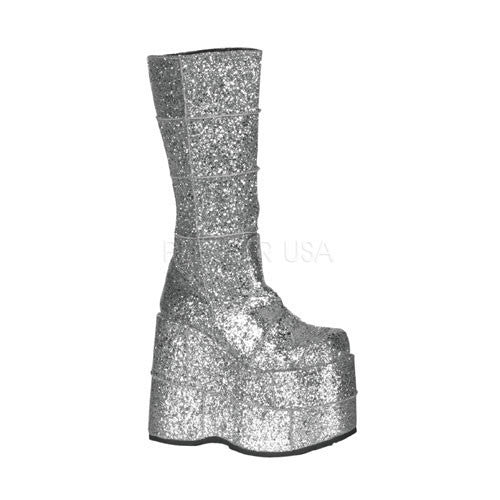 DEMONIA STACK-301G Sliver Glitter Vegan Boots - Shoecup.com