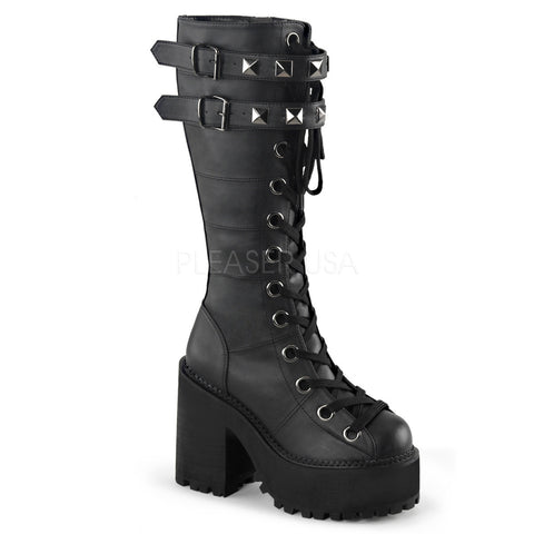 Demonia ASSAULT-202 Black Vegan Leather Knee High Boots - Shoecup.com