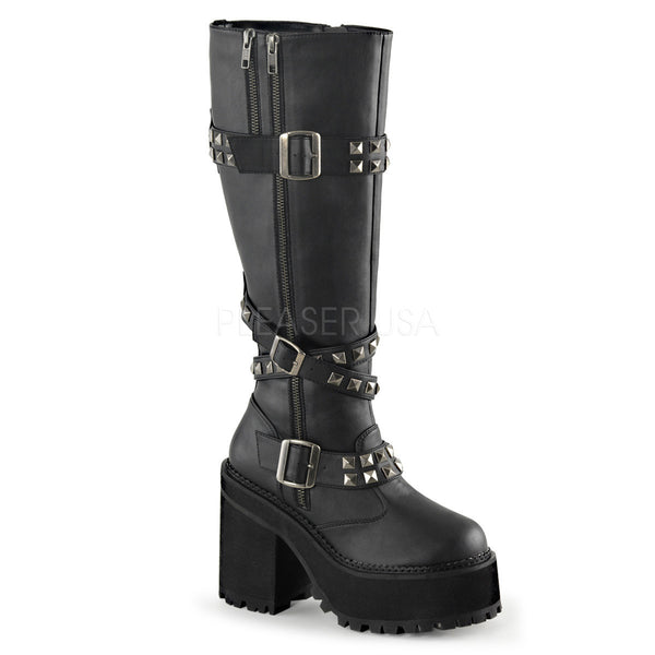 Demonia ASSAULT-203 Black Vegan Leather Knee Boots - Shoecup.com