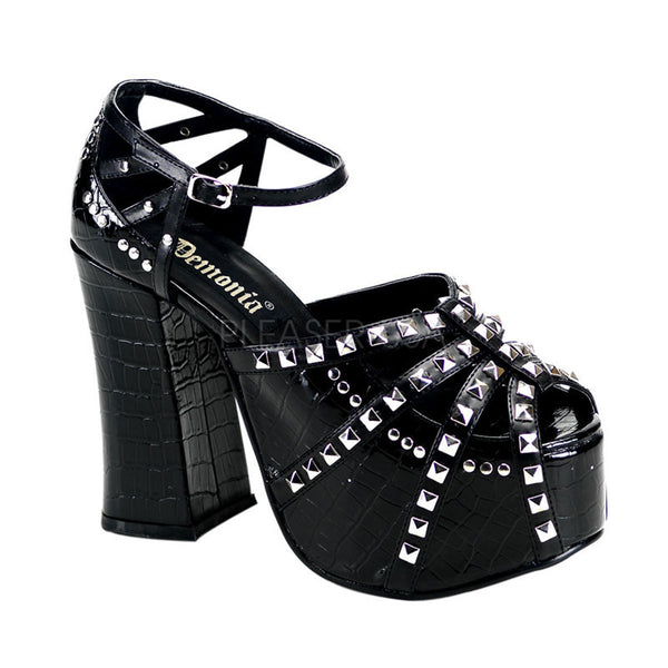 DEMONIA CHARADE-31 Black Croc Pat Platform Sandals - Shoecup.com