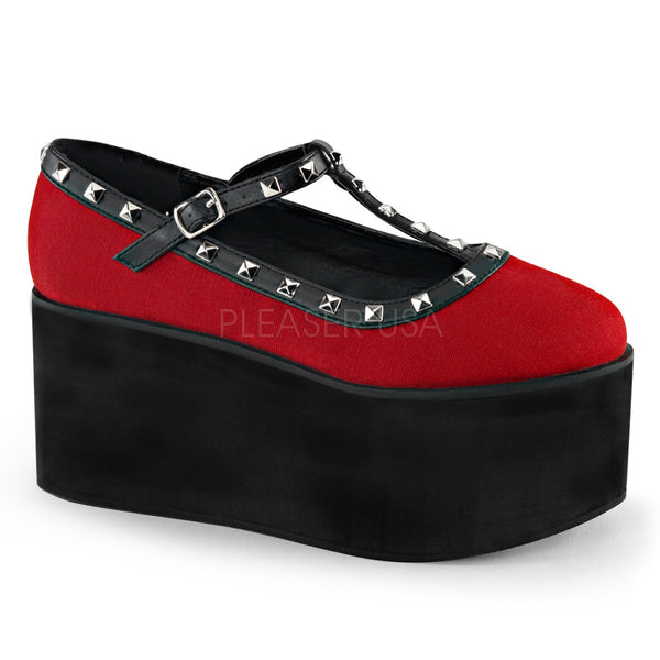 Demonia CLICK-07 Red Canvas-Black Vegan Leather T-Strap - Shoecup.com