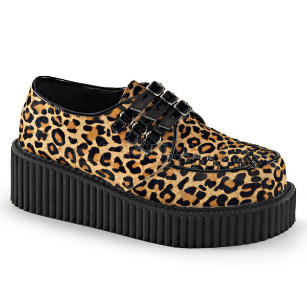 Demonia CREEPER-112 Tan Leopard Print Faux Fur-Black Patent Creepers - Shoecup.com