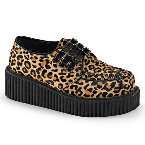 Demonia CREEPER-112 Tan Leopard Print Faux Fur-Black Patent Creepers - Shoecup.com