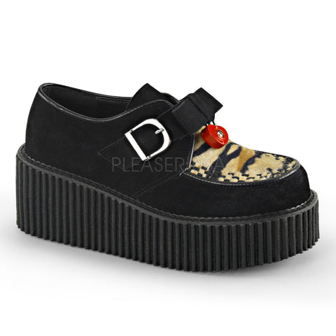 Demonia CREEPER-213 Black Vegan Suede-Tiger Print Faux Fur Monk Creepers - Shoecup.com