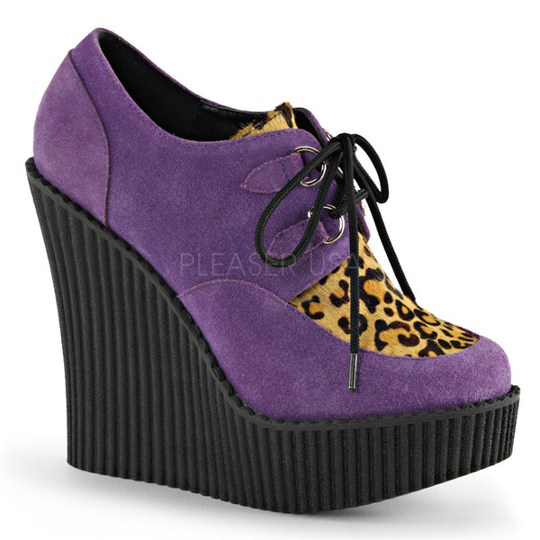 Demonia CREEPER-304 Purple Vegan Suede-Leopard Printed Pony Hair Creepers - Shoecup.com