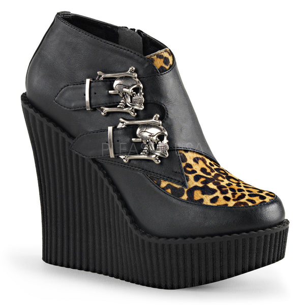 Demonia CREEPER-306 Black V. Leather-Tan Leopard Printed Pony Hair Creepers - Shoecup.com