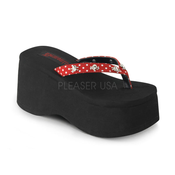 DEMONIA FUNN-26 Red-White Polka Dot Fabric Platform - Shoecup.com