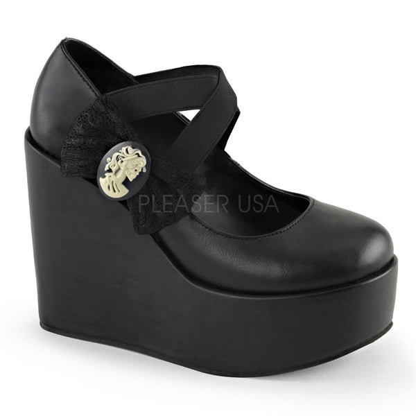 Demonia POISON-02 Black Vegan Leather-Lace Wedges - Shoecup.com