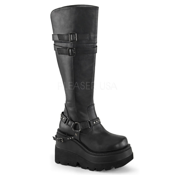 Demonia SHAKER-101 Black Vegan Leather Knee High Boots - Shoecup.com