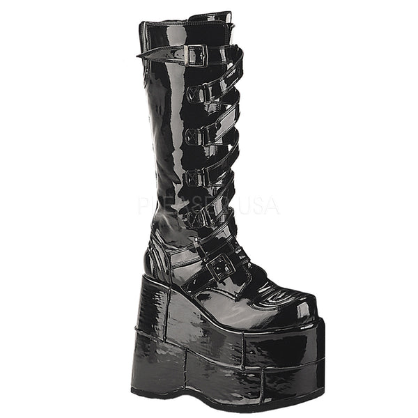 DEMONIA STACK-308 Men's Black Pat Vegan Boots - Shoecup.com