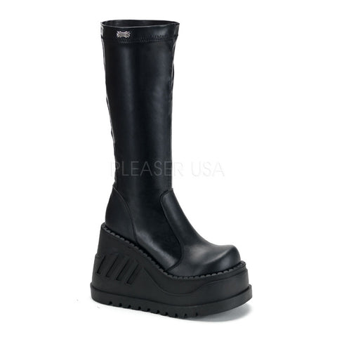 DEMONIA STOMP-300 Black Stretch Pu Vegan Boots - Shoecup.com