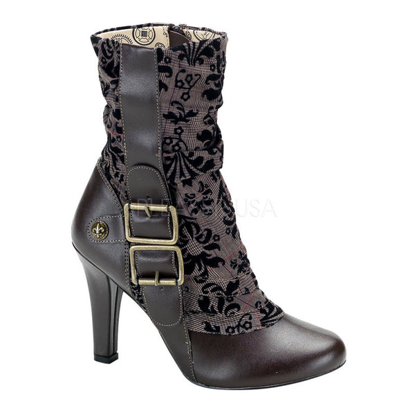 DEMONIA TESLA-106 Brown Pu-Tweed SteamPunk Boots - Shoecup.com