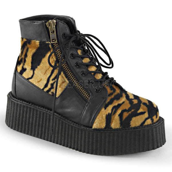 Demonia V-CREEPER-571 Men's Black Vegan Leather -Tiger Print Faux Fur Boots - Shoecup.com